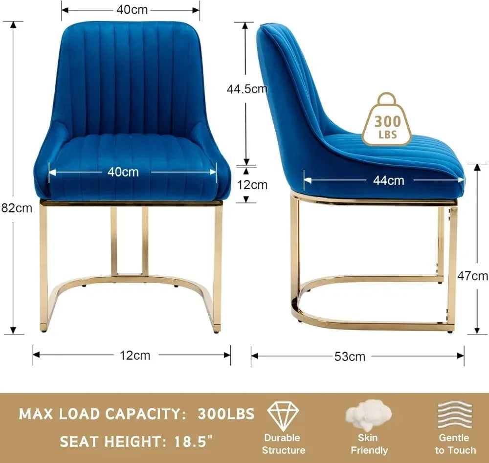 Modern Velvet Dining Chairs Set of 2, Gold Metal Legs, Blue Upholstered Kitchen/Living Room Side Chairs