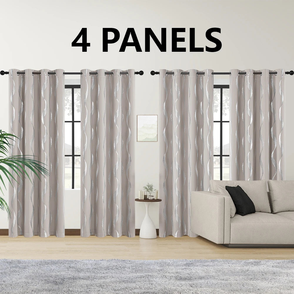 4PCS Blackout Curtains Grommet Thermal Insulated Room Darkening  With Wave Foil Printed For Bedroom