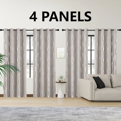 4PCS Blackout Curtains Grommet Thermal Insulated Room Darkening  With Wave Foil Printed For Bedroom