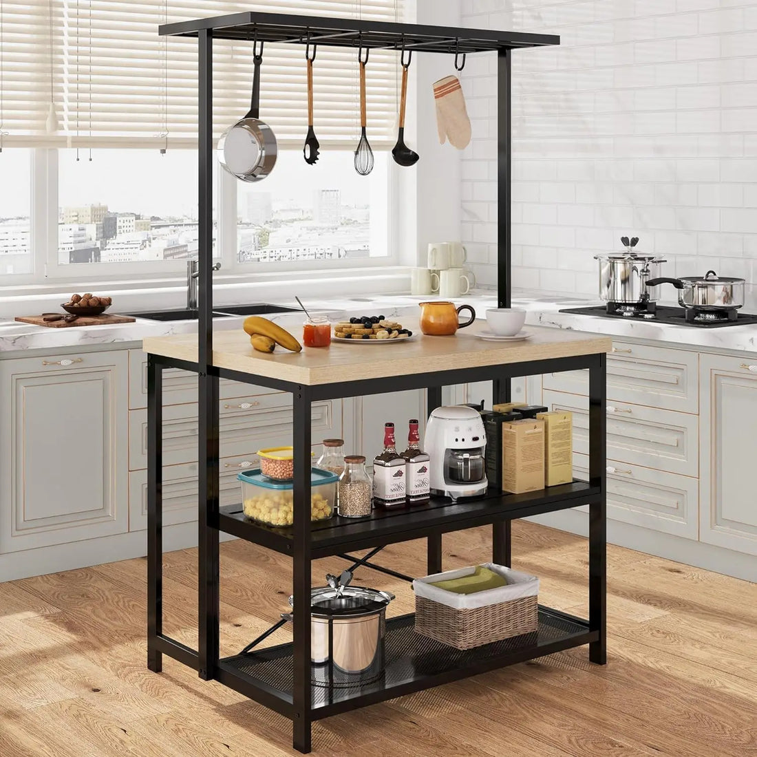 Kitchen Island Bakers Rack Microwave Oven Stand with 3 Tier Storage, Coffee Bar Table, Storage Shelf for Dining Room