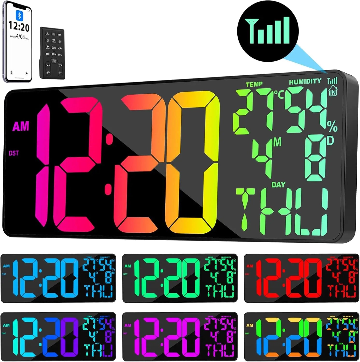 18-inch Digital Wall Clock with Bluetooth Sync, 11 RGB Colors, Remote Control, Alarm/Timer &amp; Temperature Display