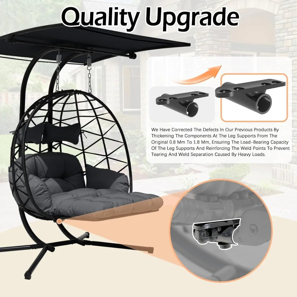 Double Egg Chair Outdoor With Stand & Adjustable Canopy, Extra Large 2 Person Patio Egg Chair With Leg Rests, Hanging Swing Chai