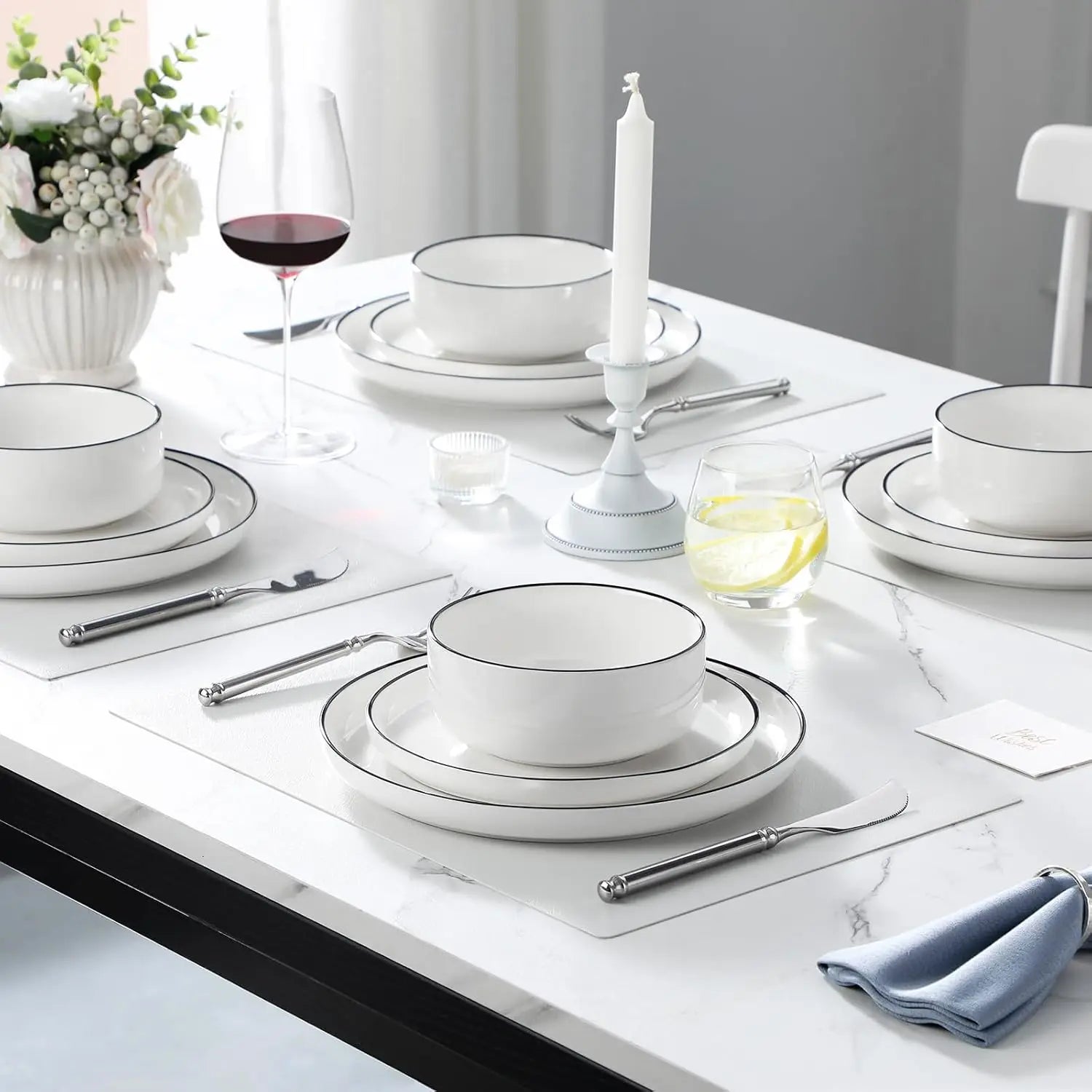 Plates and Bowls Sets, 12 Pieces Modern Porcelain Dinnerware Set for 4 White Kitchen Dinner Dining