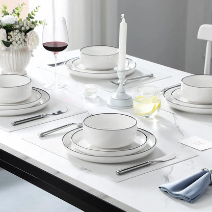 Plates and Bowls Sets, 12 Pieces Modern Porcelain Dinnerware Set for 4 White Kitchen Dinner Dining