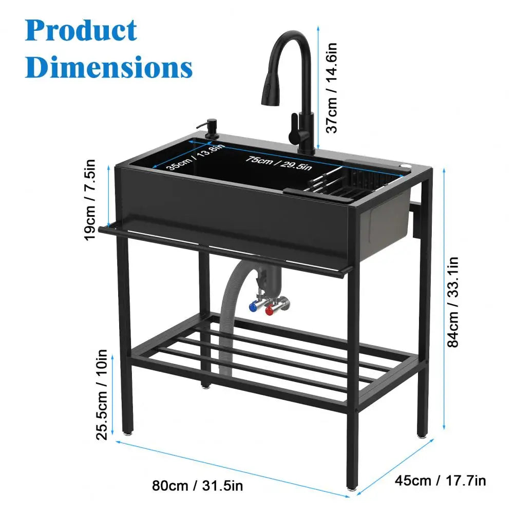 Stainless Steel bathroom Sink, Single Bowl Kitchen Sink with Cold Hot Water Faucet, Storage Shelf, Drain Kit, Free Standing Sink