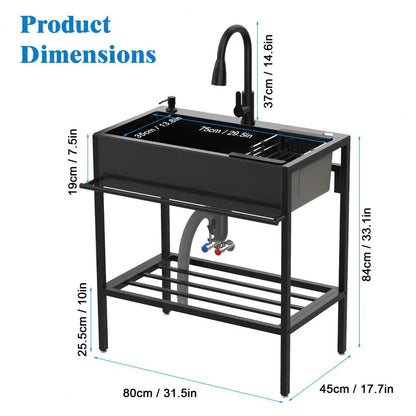 Stainless Steel bathroom Sink, Single Bowl Kitchen Sink with Cold Hot Water Faucet, Storage Shelf, Drain Kit, Free Standing Sink