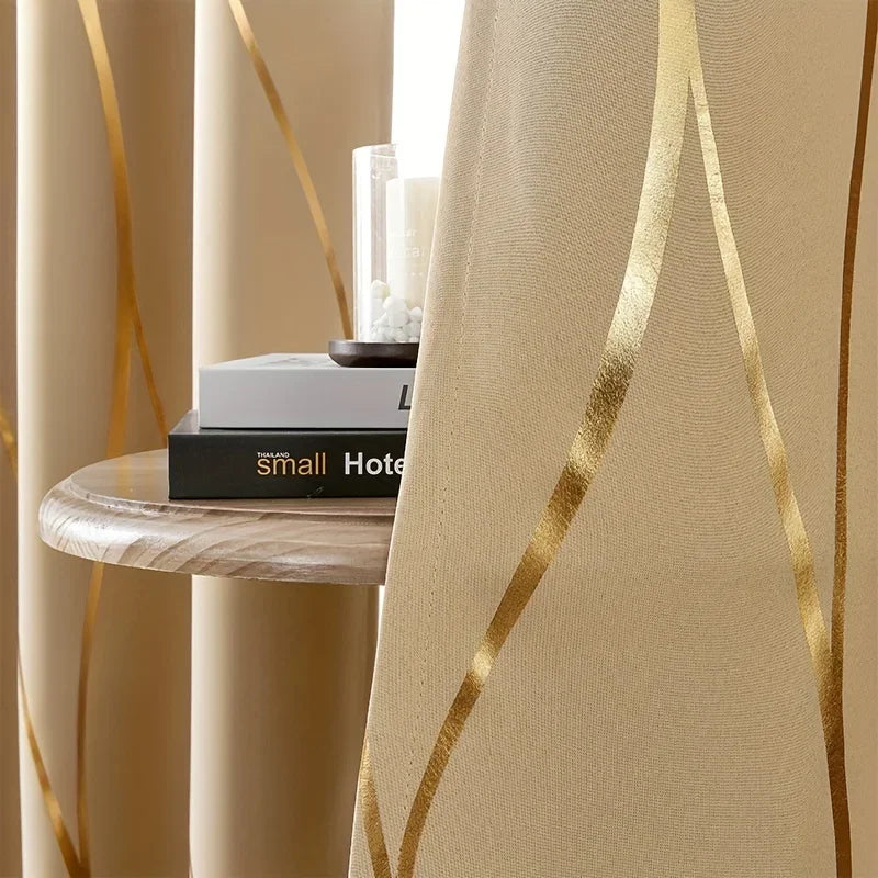 2Pcs Golden Wave &amp;Circle Blackout Curtains Thermal Insulated Light Filtering Drapes with Grommet Top  Living Room Bedroom