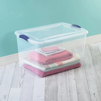 (4 pack) Sterilite Large Storage Bin, 66 Quart Clear Plastic Storage Container with Latch Lid, Blue