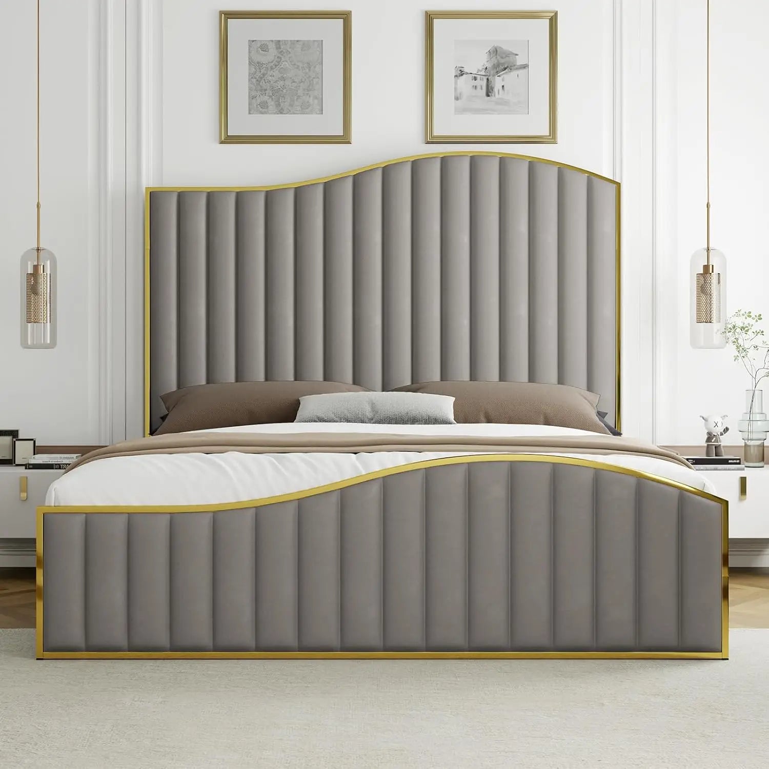Queen Upholstered Platform Bed Tall 61.4" Headboard Gold Trim Wood Slats No Box Spring Cream, Customized