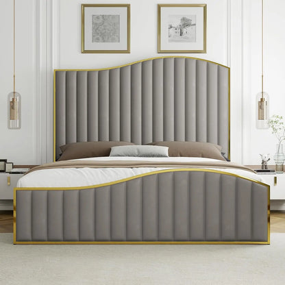 Queen Upholstered Platform Bed Tall 61.4" Headboard Gold Trim Wood Slats No Box Spring Cream, Customized