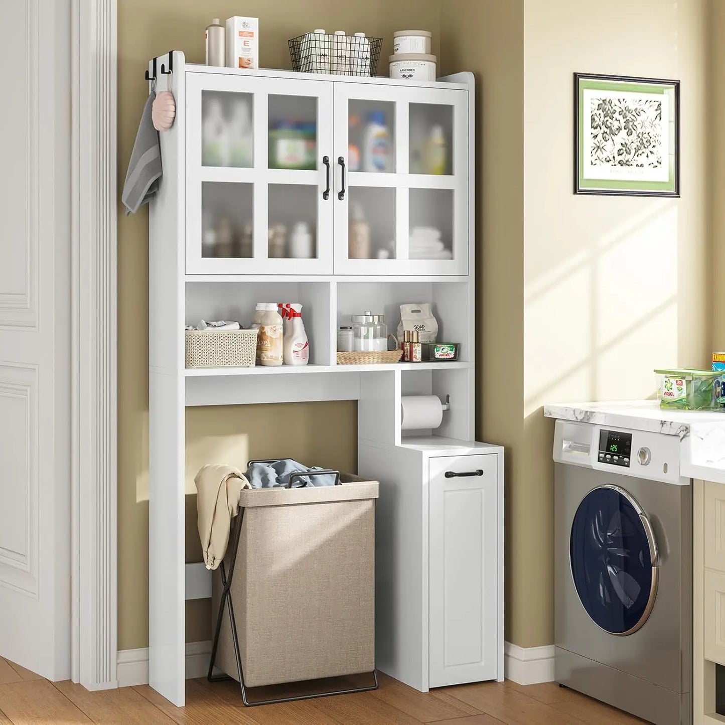 Over Toilet Storage Cabinet with Adjustable Shelves, Glass Doors & Pulley System - Space Saving Bathroom Organizer