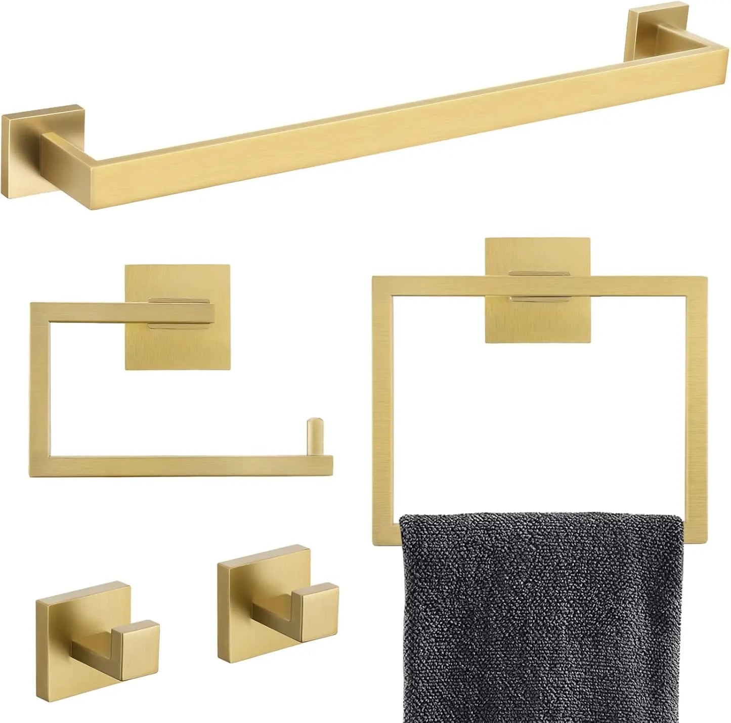 5-Piece Brushed Gold Bathroom Hardware Set, SUS304 Stainless Steel Towel Holder with Concealed Screws