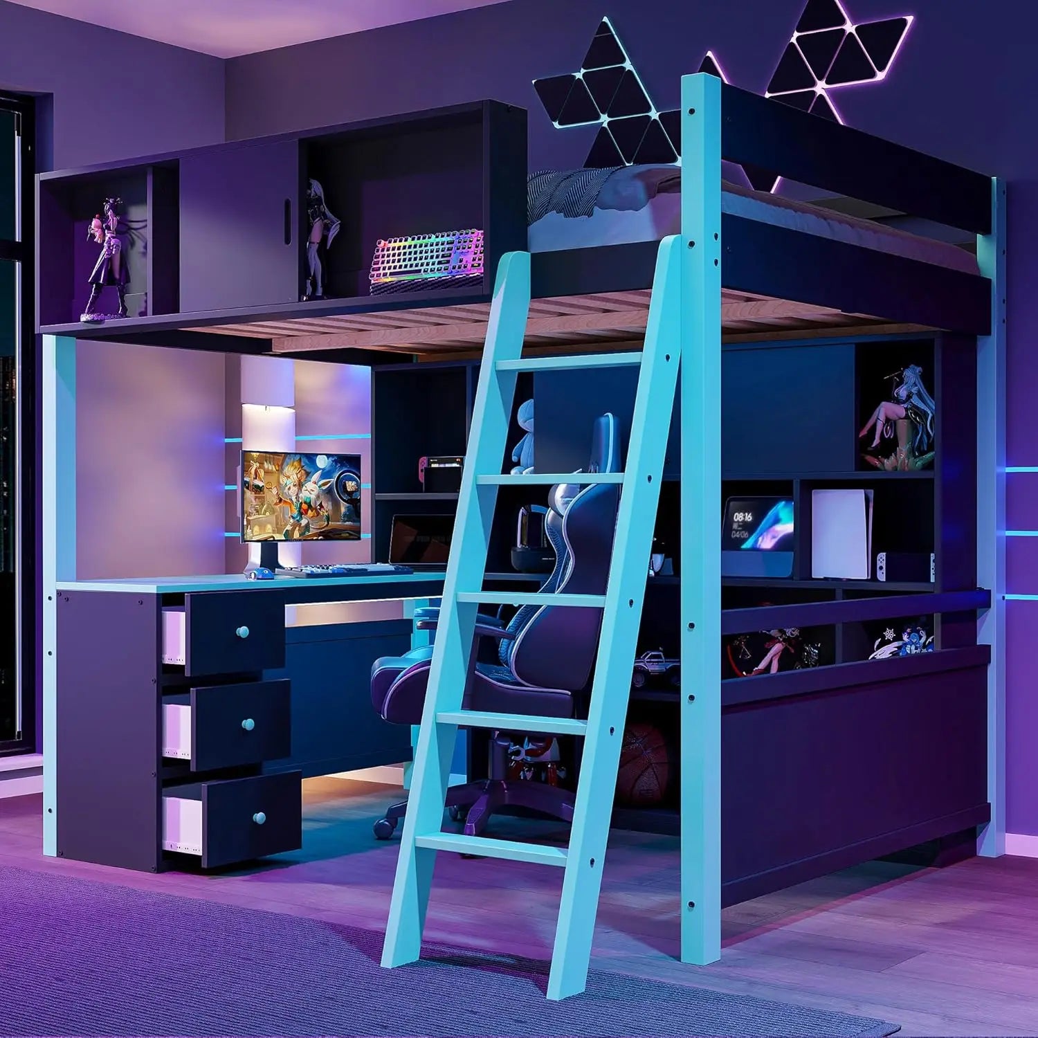 Full Wood Gaming Loft Bed Desk Storage Shelves LED Charging Station Kids Bedroom No Box Spring, Customized