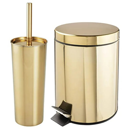 Metal Steel/Plastic Toilet Bowl Brush Holder and Round 1.3 Gallon 5L Step Trash Can Combo Set for Bathroom with Brass Finish fo
