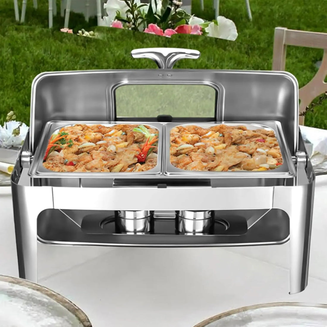Roll Top Chafing Dish Buffet Set,9 Qt Stainless Steel Food Warmer with Viewing Lid, Rectangular Chafing Dish for Party &amp; Buffet