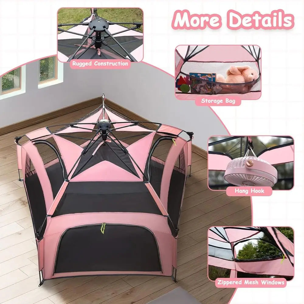 Portable Pink Playpen Tent - Indoor &amp; Outdoor Play Area with Canopy for Beach, Travel, and Toddlers