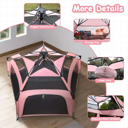 Portable Pink Playpen Tent - Indoor &amp; Outdoor Play Area with Canopy for Beach, Travel, and Toddlers