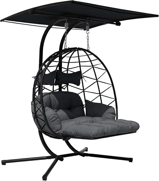 Double Egg Chair Outdoor With Stand & Adjustable Canopy, Extra Large 2 Person Patio Egg Chair With Leg Rests, Hanging Swing Chai