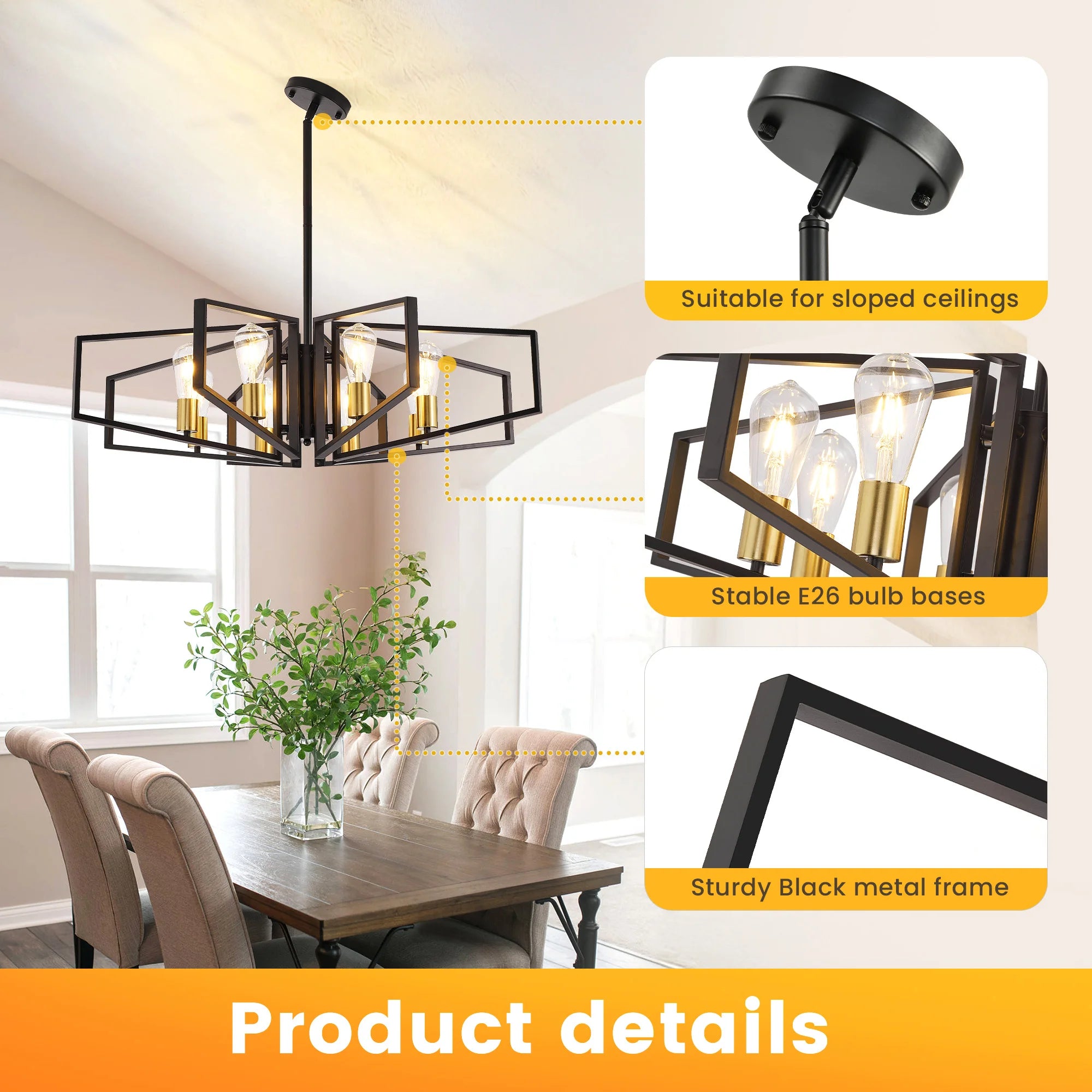 Modern 8-Light Geometric Chandelier Adjustable Height Metal Pendant Light with Black Frame &amp; Golden Accents Ceiling Light Decor