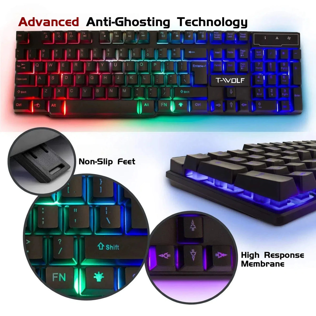T-WOLF RGB Gaming Keyboard Mouse Headset Mousepad Combo LED Backlit