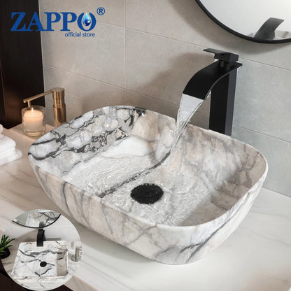 ZAPPO Artistic Marble Pattern Ceramic Vessel Sink Set, Black Matte Faucet Combo, Modern Bathroom Above-Counter Basin Vanity Sink