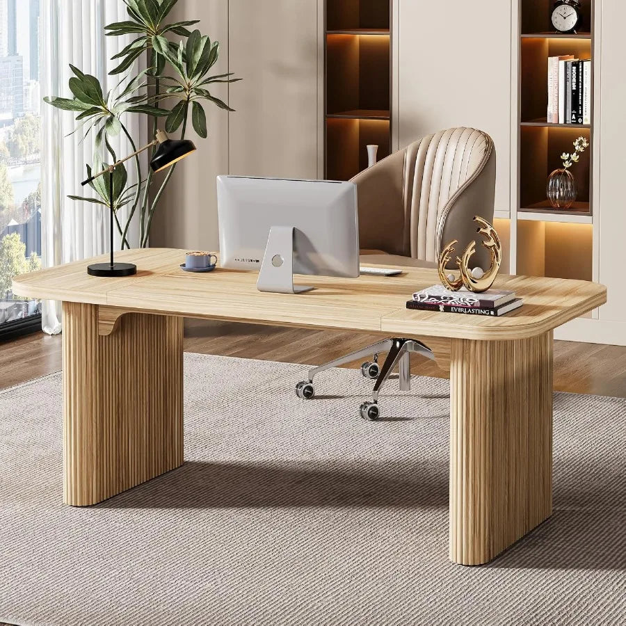 High Concerned Modern Executive Desk Natural Oak Finish With Pedestal