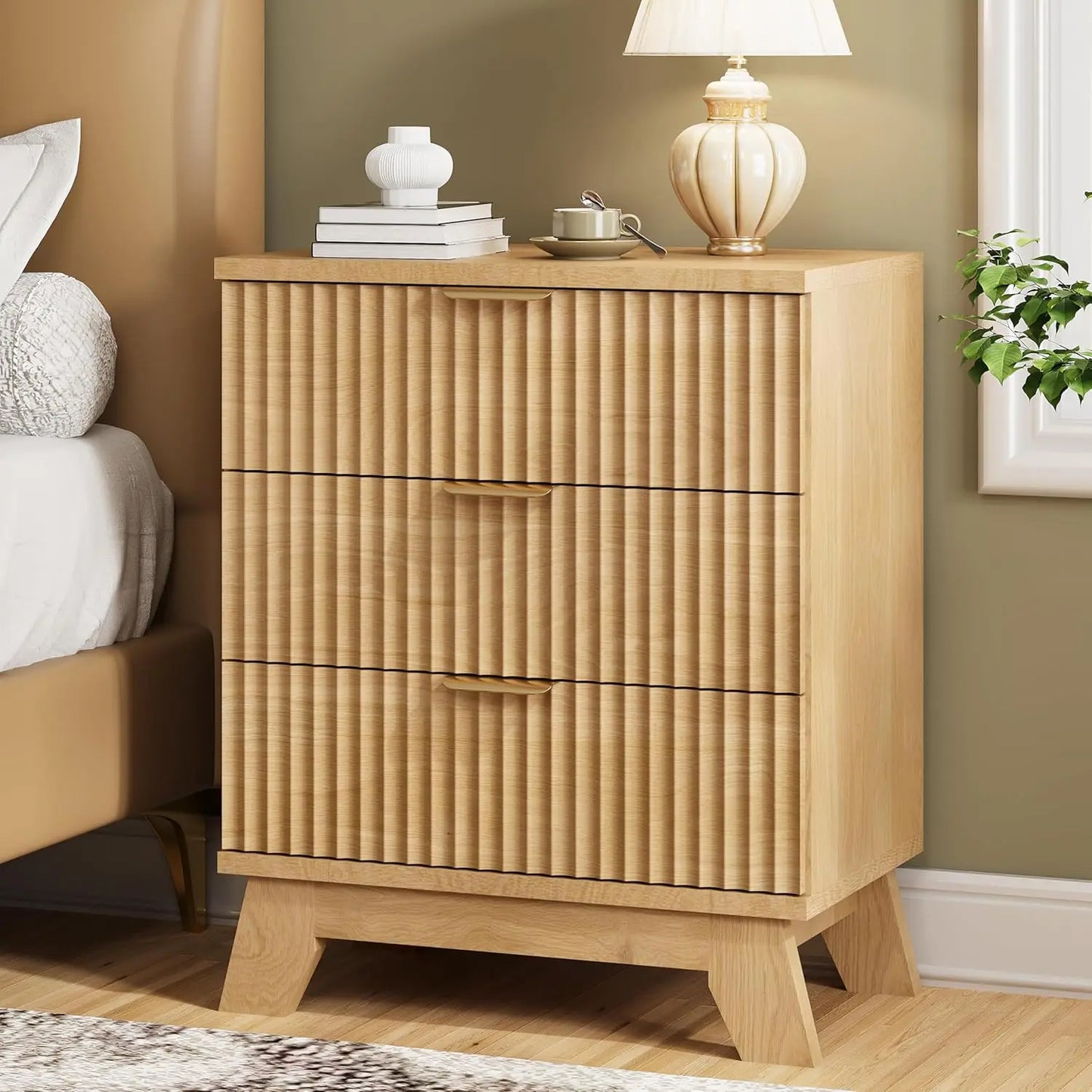 Zhuxiang Fluted Nightstand Modern 3-Drawer Wood Night Table