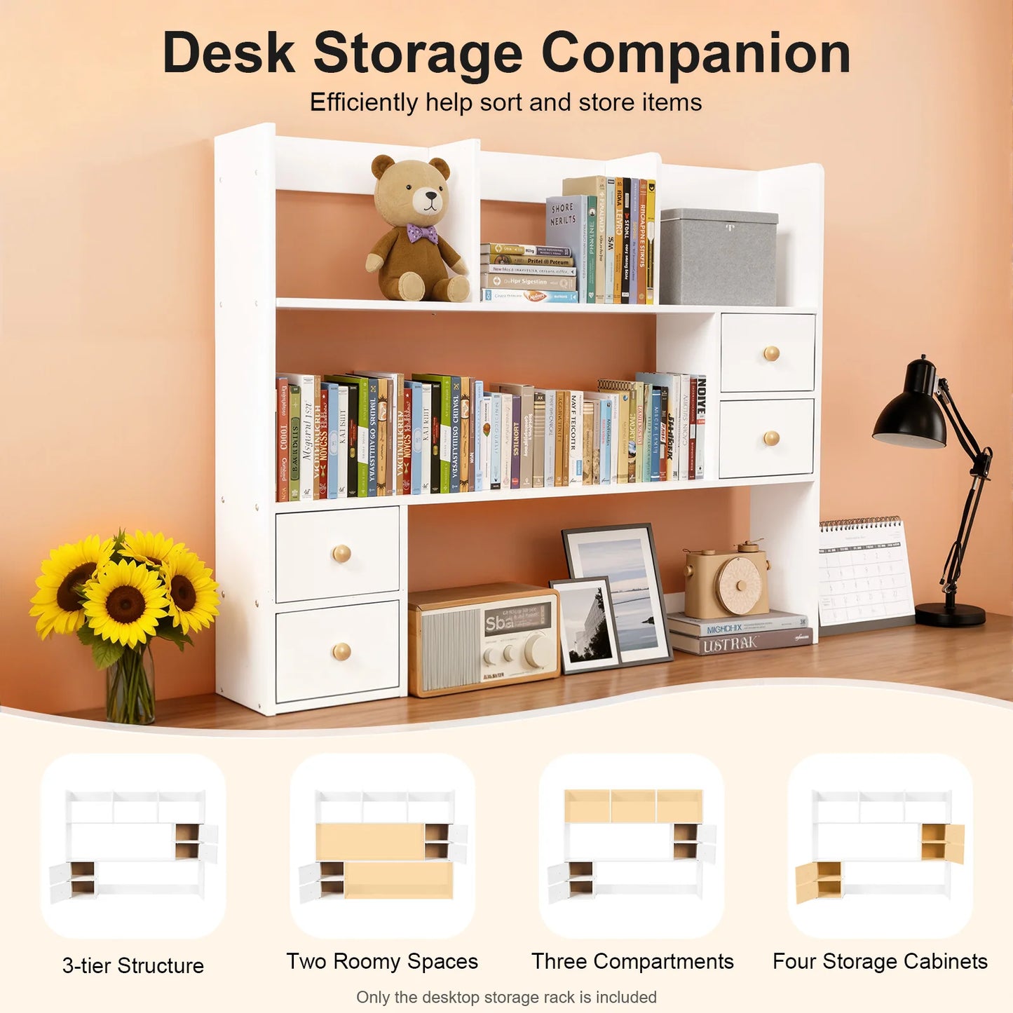 Bymaocar Desk Bookshelf 4 Cabinet MDF Desktop Organizer