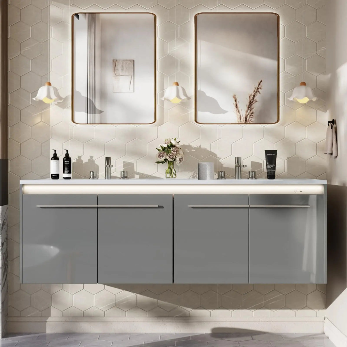 60" LED Floating Bathroom Double Vanity with Sink, Modern High Gloss Wall Mounted Bathroom Storage Cabinet with 3 Hole Sink