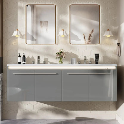 60" LED Floating Bathroom Double Vanity with Sink, Modern High Gloss Wall Mounted Bathroom Storage Cabinet with 3 Hole Sink