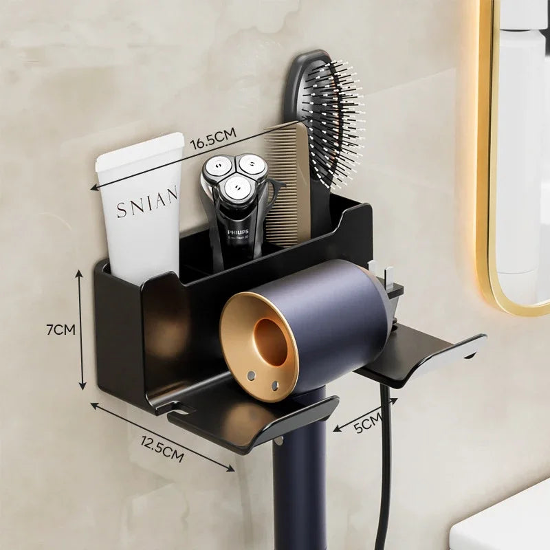 Hair Dryer Holder No Drill Wall Mount Self-Adhesive With Plug Holder Storage Organizer For Bathroom Hotel Barbershop