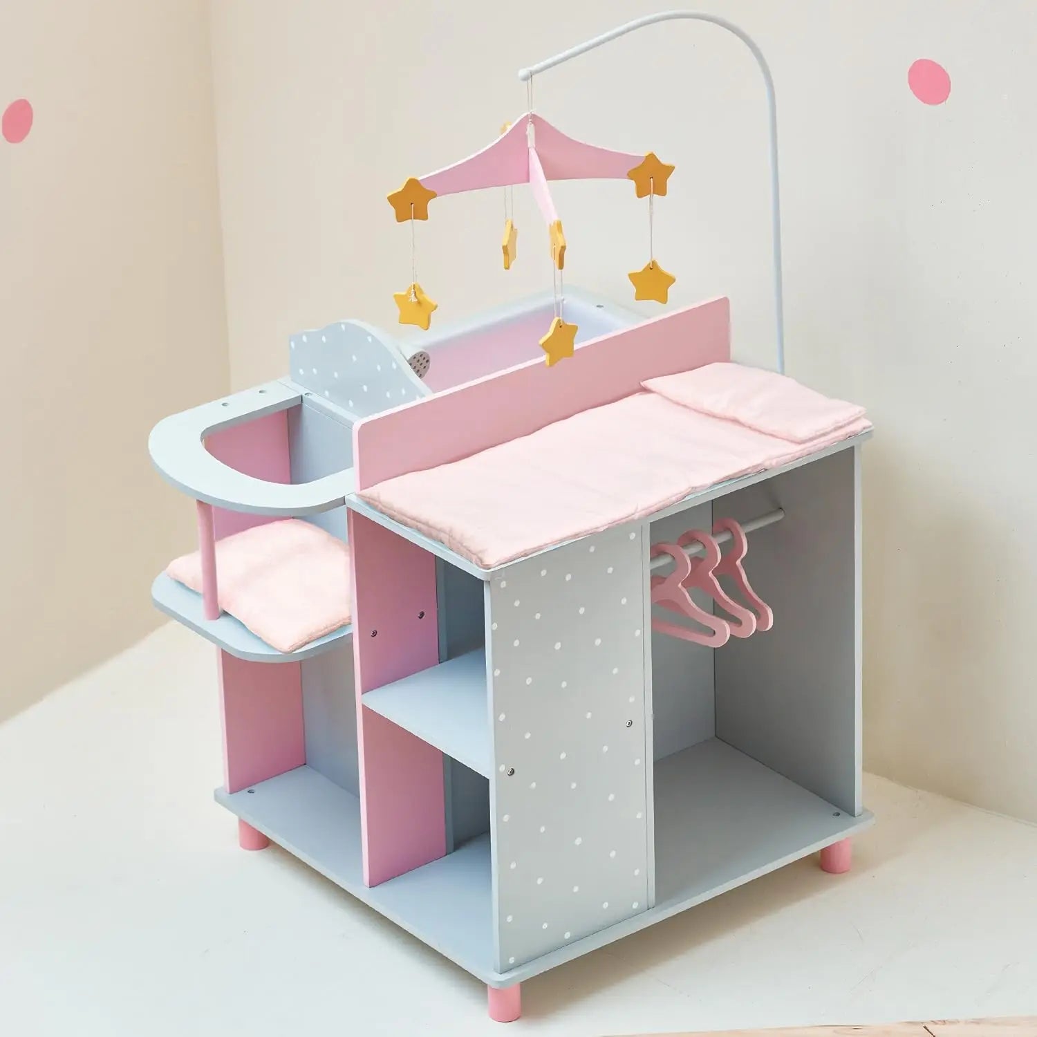 6-in-1 Wooden Baby Doll Changing Station with Crib, Table, High Chair, Closet, Sink and Washing Machine