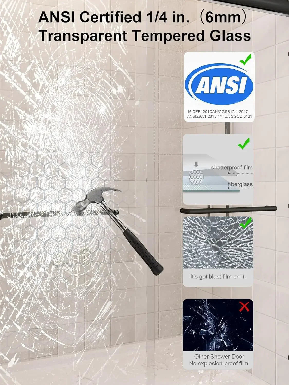 Glass Shower Door, 54”-60" W x 72" H Sliding Shower Door, Aluminum Semi-Frameless &amp; 1/4"(6mm) Clear Tempered with Explosion-Proo