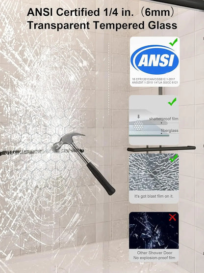 Glass Shower Door, 54”-60" W x 72" H Sliding Shower Door, Aluminum Semi-Frameless &amp; 1/4"(6mm) Clear Tempered with Explosion-Proo