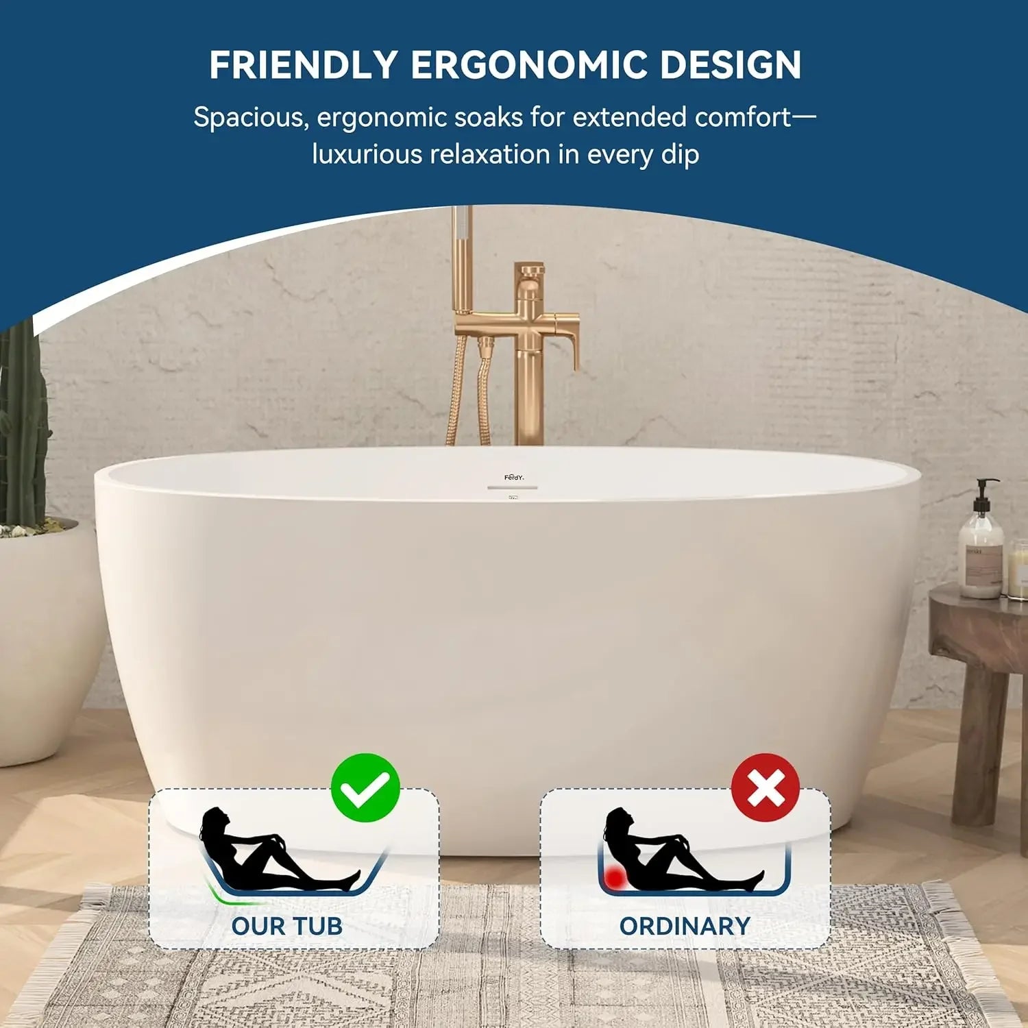 Tahiti 55" Acrylic Freestanding Bathtub, Elegant Oval Shape Soaking Bathtub, Glossy White, Brushed Nickel Drain &amp; Integrated Slo