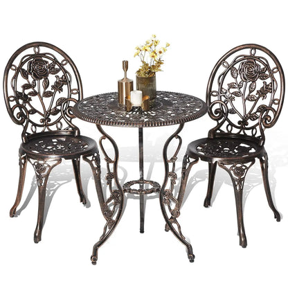 3pc Cast Aluminum Bistro Set, Rose Pattern Outdoor Garden Balcony, Rust &amp; All-Weather Resistant, White, Customized