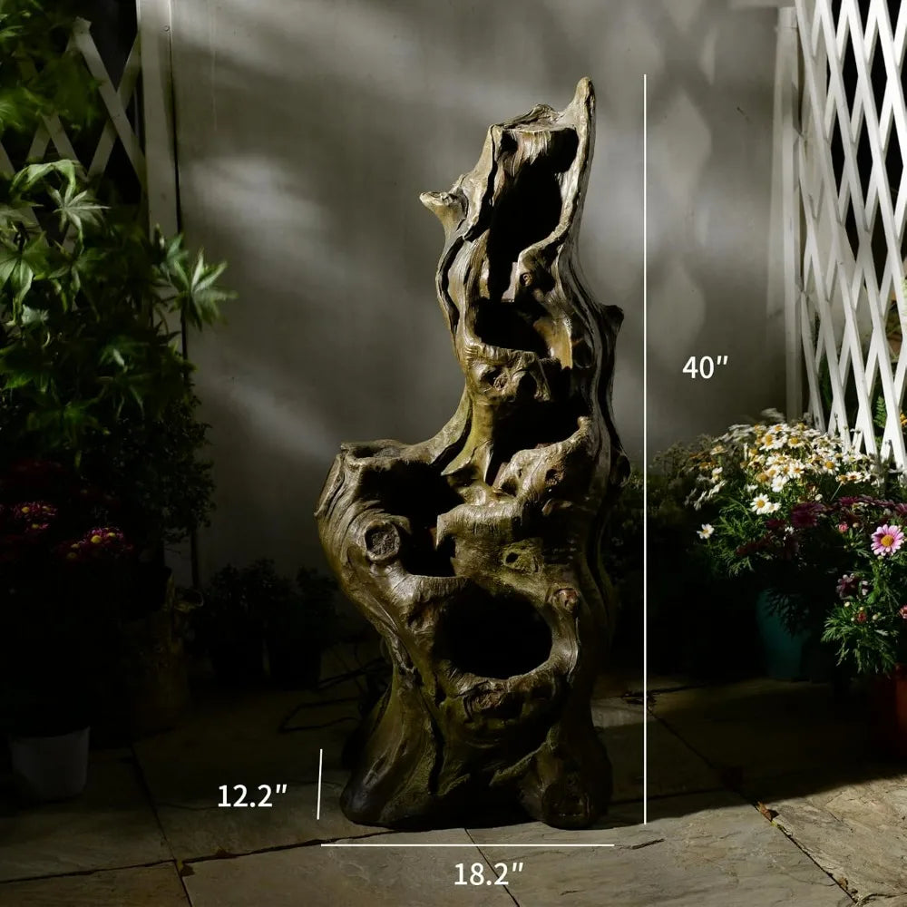 Water Fountain Outdoor 5-Tiers Large Cascading Realistic Tree Trunk Natural Waterfall Outdoor Fountain Resin Imitation Wood