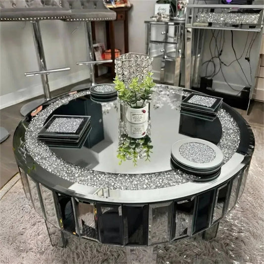 Folded Crushed Crystal Mirrored Round Coffee Table