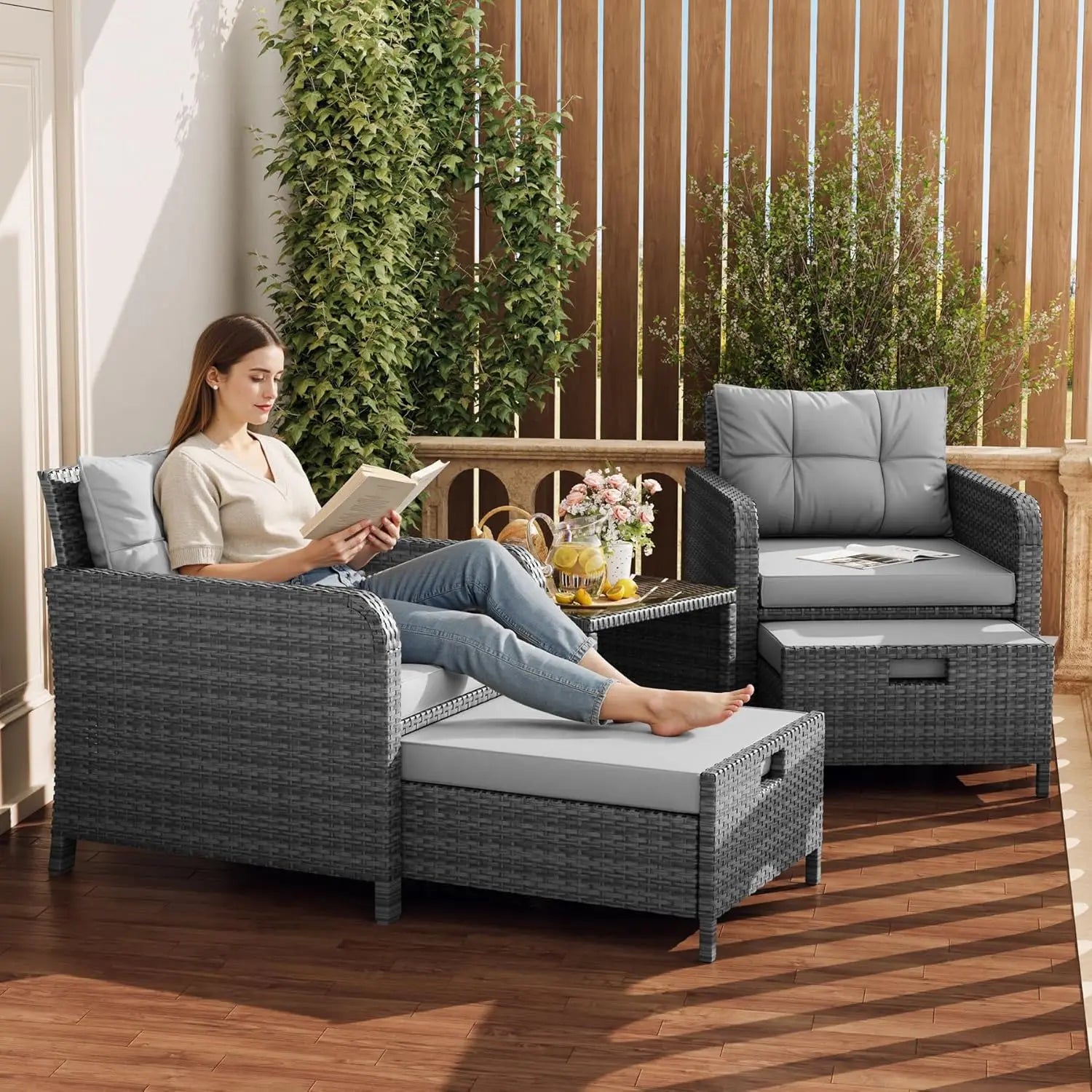 5 Piece PE Outdoor Furniture Set Soft Cushions Coffee Table Hidden Ottoman Porch Lawn Garden Balcony, Customized