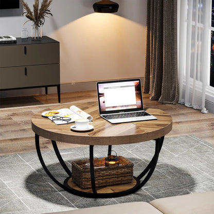 Tribesigns Industrial Round Coffee Table With Two Tier Storage Shelves