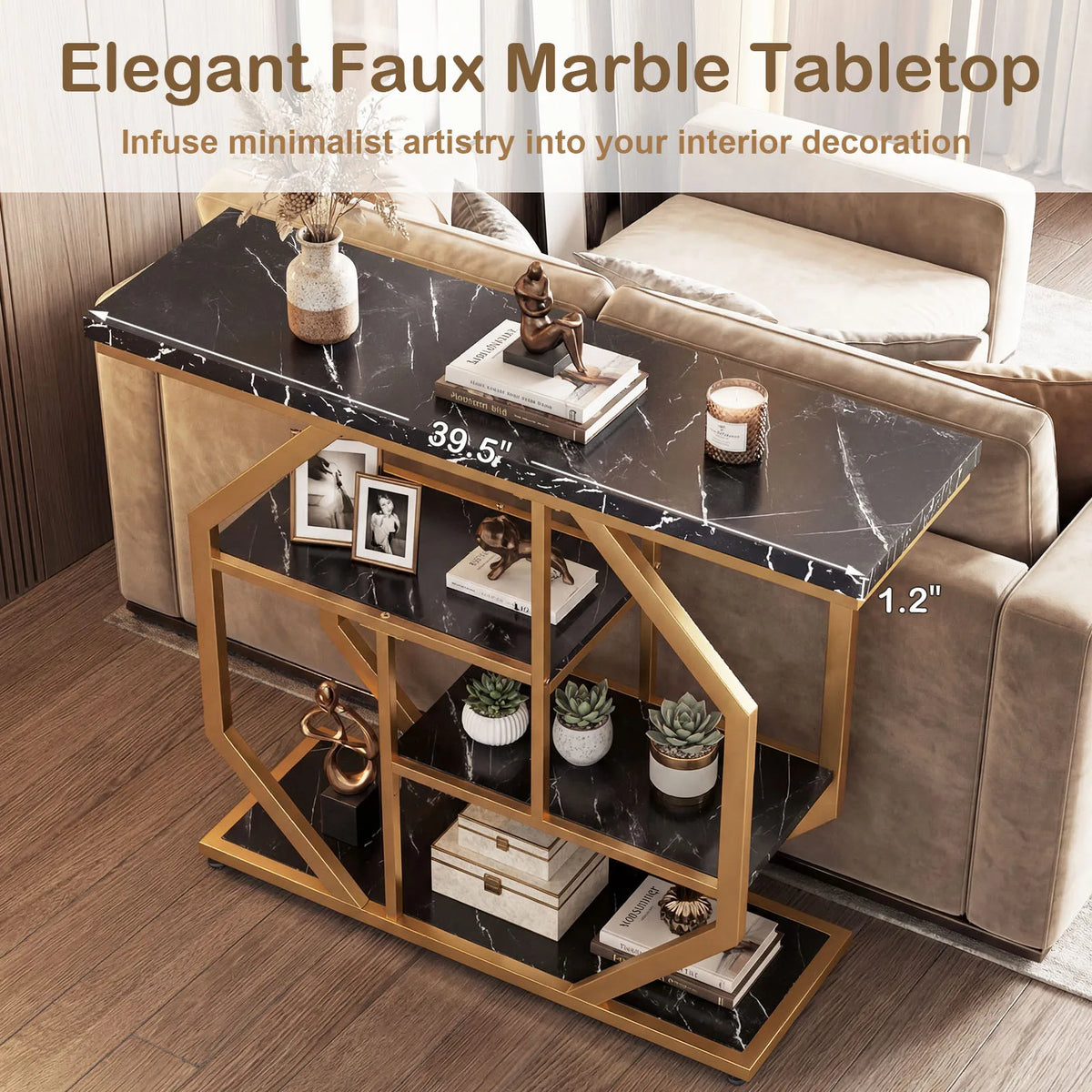 HOMASIS Console Table With Storage Shelves And Geometric Metal Frame