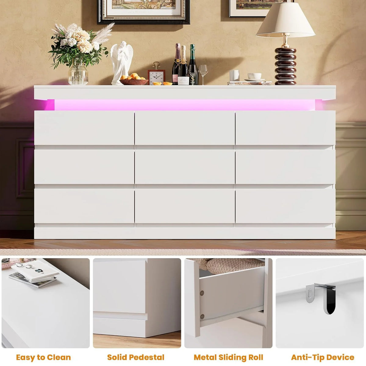 Acekool Nine Drawer Dresser With LED Lights And Charging Station