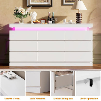 Acekool Nine Drawer Dresser With LED Lights And Charging Station