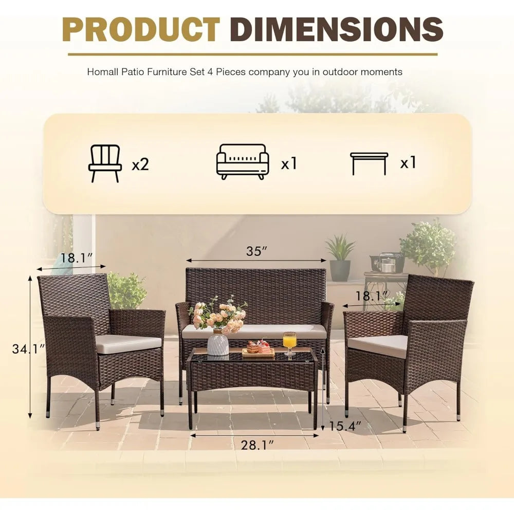 4 Pieces Outdoor Patio Furniture Sets Rattan Chair Wicker Set, Outdoor Indoor Use Backyard Porch Garden Poolside Balcony Furnit