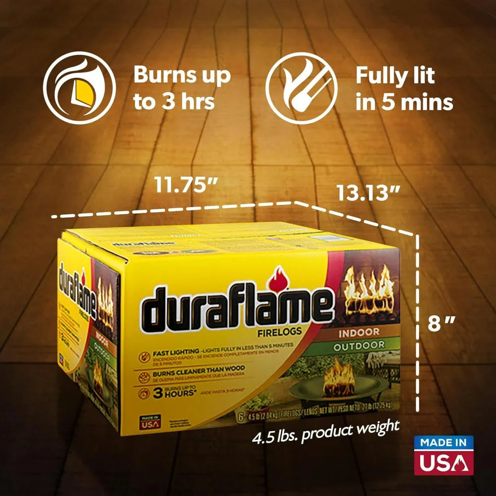 Duraflame 6-Pack Fire Logs, 3-Hour Burning, 4.5lb Each, Indoor Outdoor Fireplace Fire Pit Long Lasting Combustible Logs
