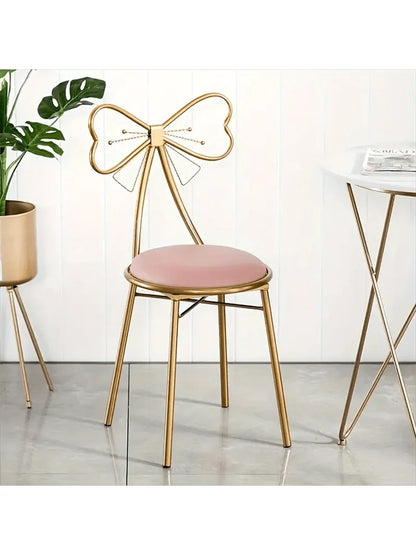 Makeup Vanity Girl Chairs Stool for Bedroom with Bow Knot Backrest,Side Table Seat Dressing Chair with Golden Metal Leg