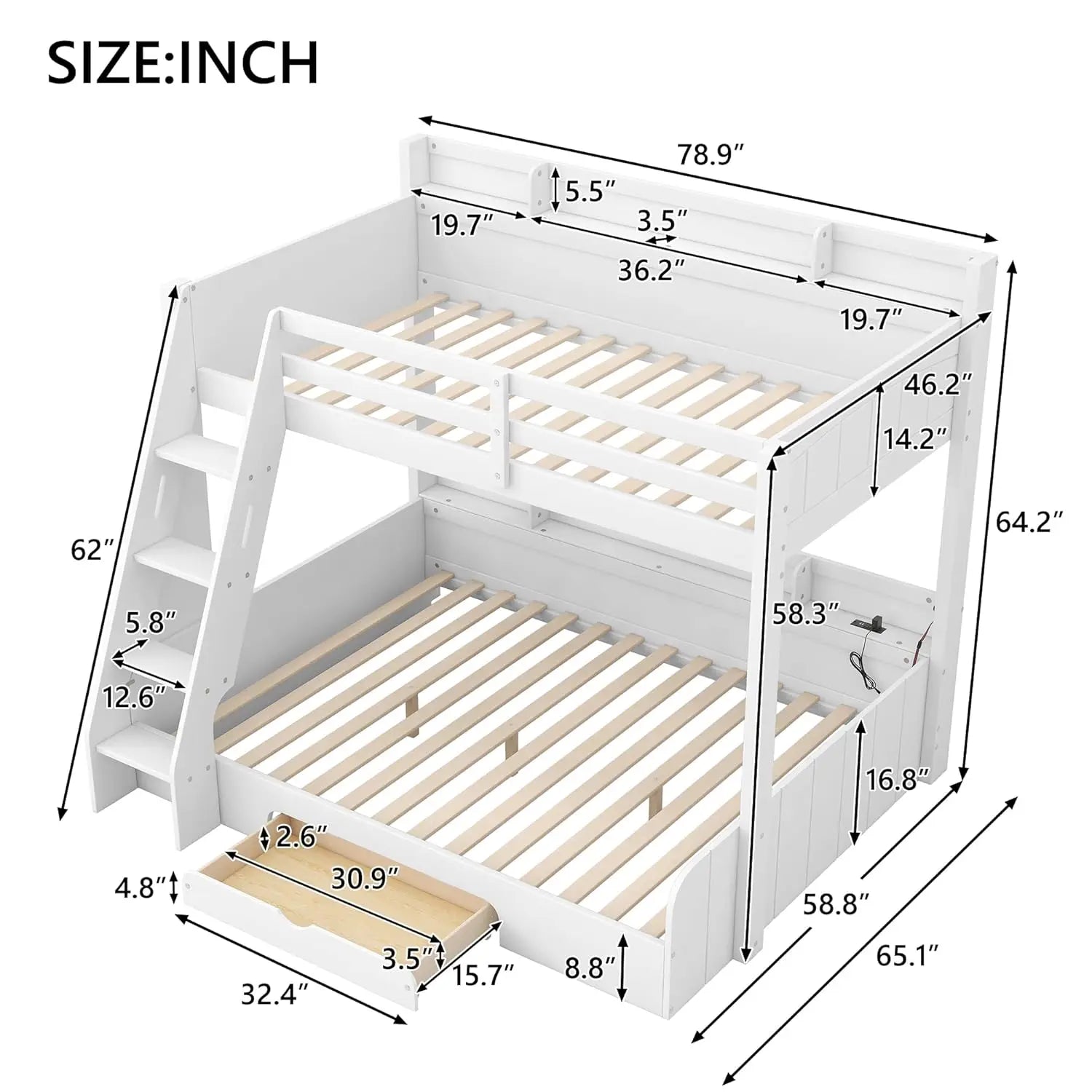 Twin Over Full Bunk Bed with Storage Shelves LED Charging Station &amp; Drawer Solid Wood for Kids Teens Adults White, Customized