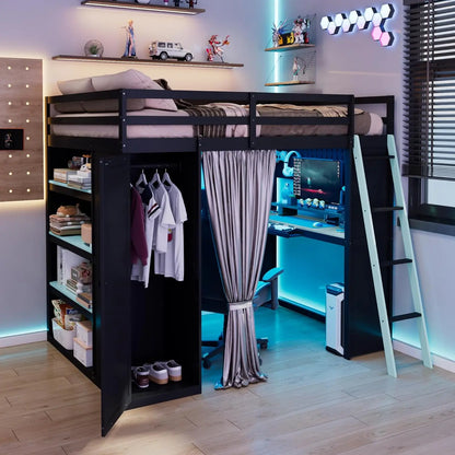 Full Wood Gaming Loft Bed Desk Storage Shelves LED Charging Station Kids Bedroom No Box Spring, Customized