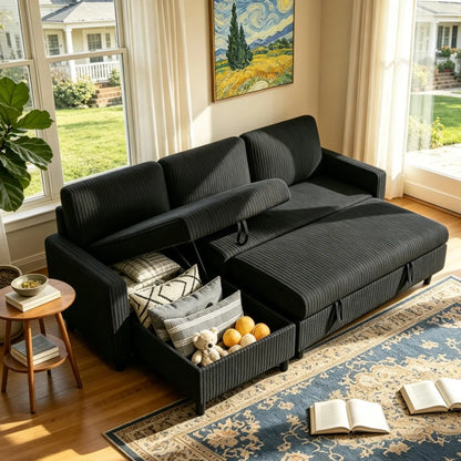 Vongrasig L Shaped Convertible Sofa Bed Pull Out Couch Storage Chaise Corduroy Dark Grey