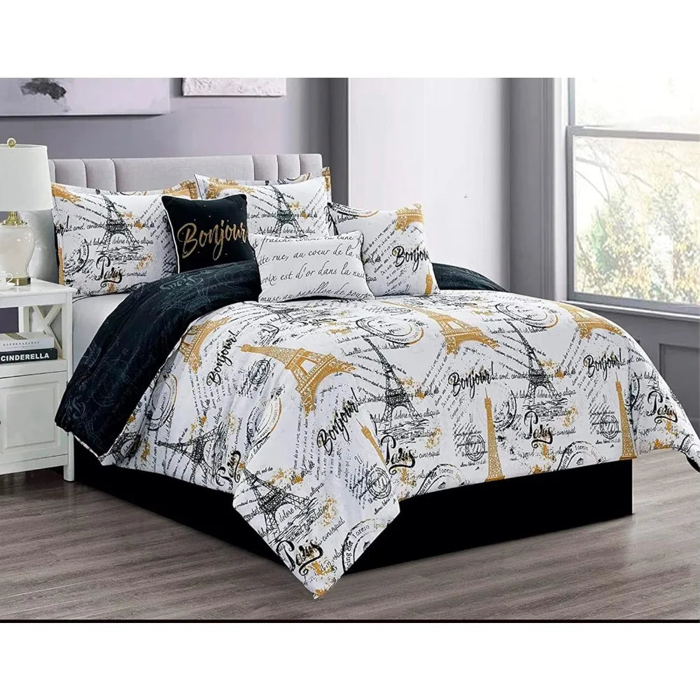 Queen Size Paris Comforter Set in a Bag - 7 Piece Paris Bedroom Comforter Set with Shams, Bedskirt Cushions, Eiffel Tower Beddi